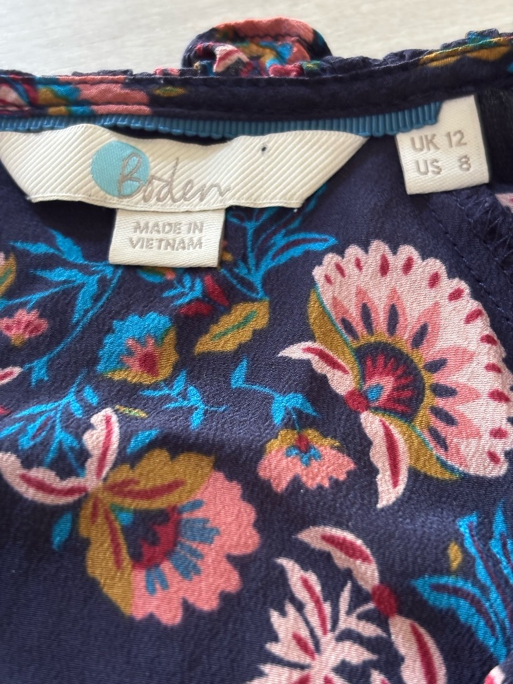 Boden Navy Floral Silk Blouse with Pink and Blue Flowers Blooms size 8 - Picture 2 of 11